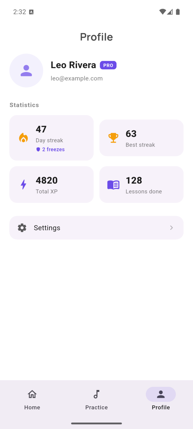 Profile with stats and streak
